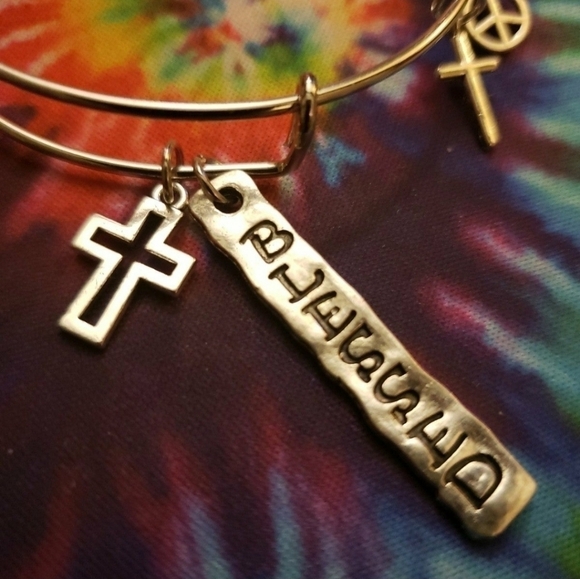 HANDMADE Adjustable Silver Peace Blessed Cross Charm Bangle Bracelet - Picture 2 of 5